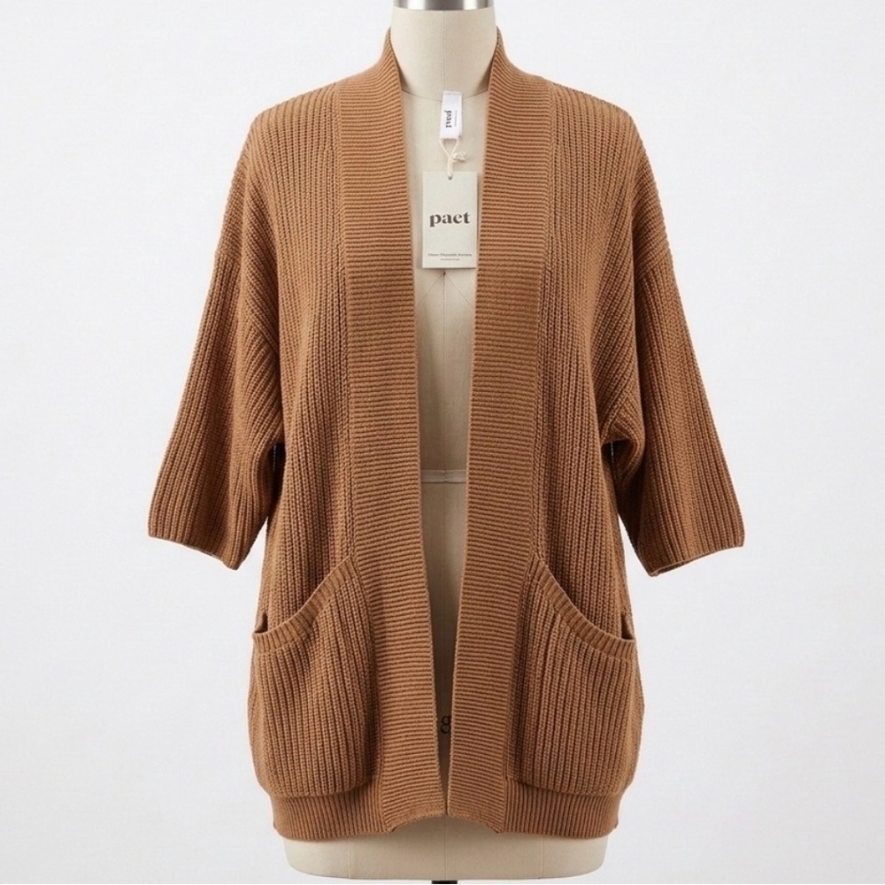 Pact Ribbed Open-Front Chunky Knit Cardigan in Camel Brown